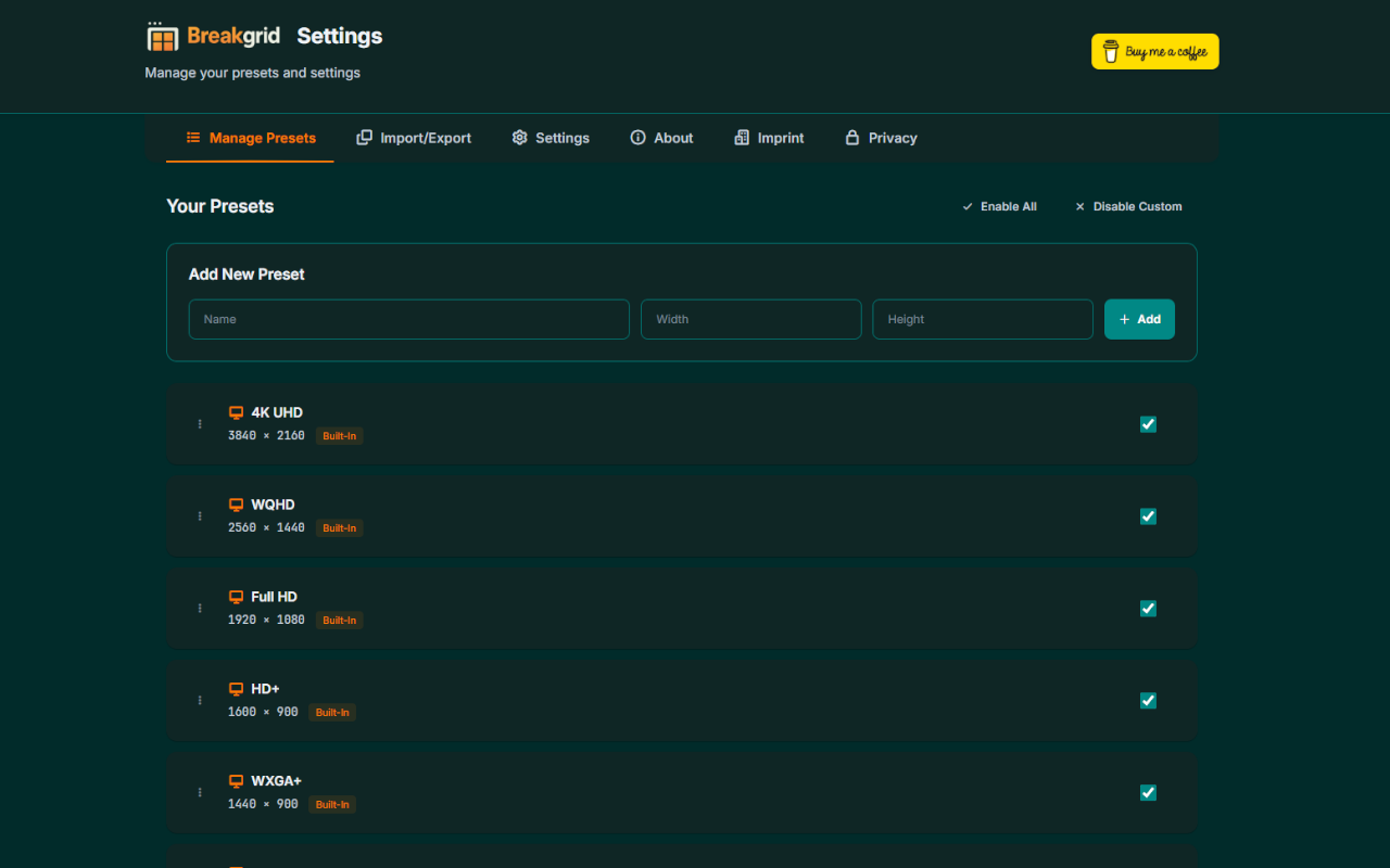 Breakgrid options page